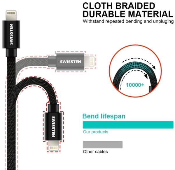Swissten MFI Textile Fast Charge 3A Lightning Data and Charging Cable 1.2m