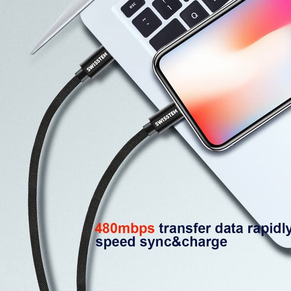 Swissten datový kabeltextile usb-c / lightning 2,0 m stříbrný