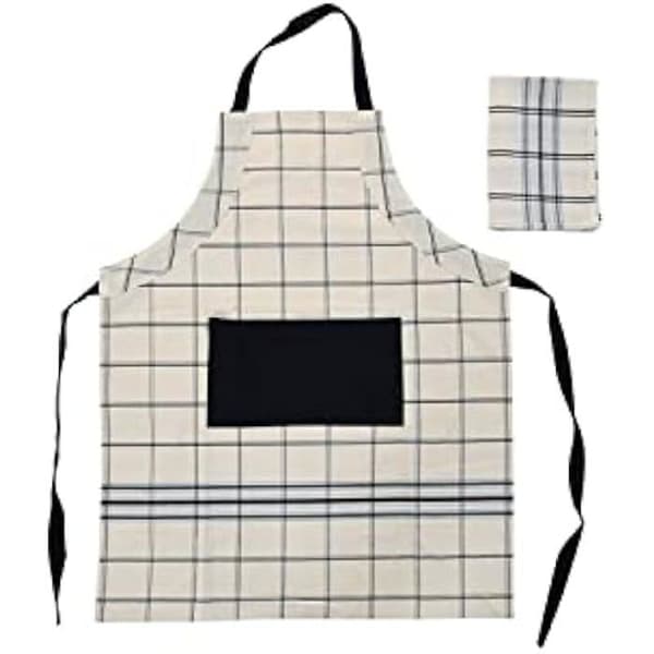 DKD Home Decor köksförkläde med bomullsficka - Beige/Svart/Blå