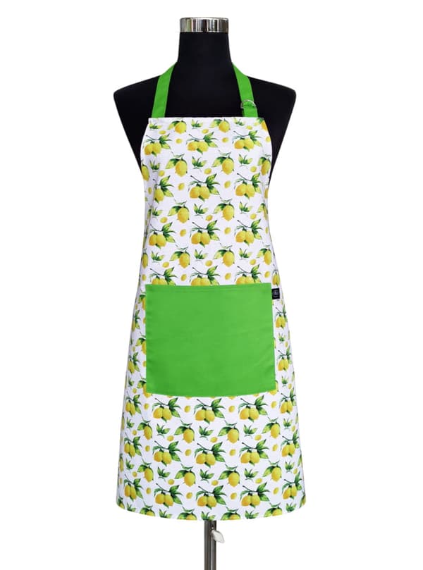 Köksförkläde i bomull med ficka 60x75 LEMON grön vit gul