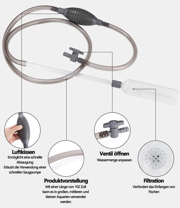 Akvarium rengøringspumpe, vandskifter med 3 dyser, 100 cm fleksibel slange