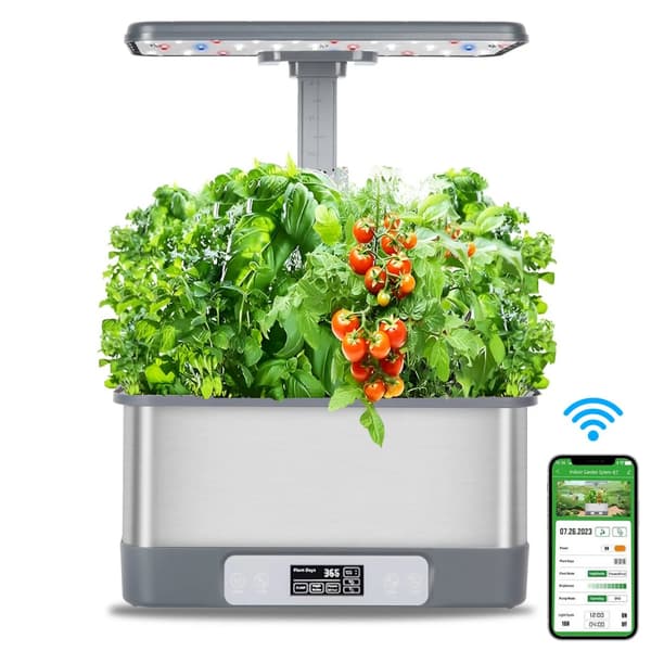 Hydroponiskt odlingssystem, smart APP-kontroll, fullspektrum LED-lampa, automatisk timer och vattensystem,Ljusgrå