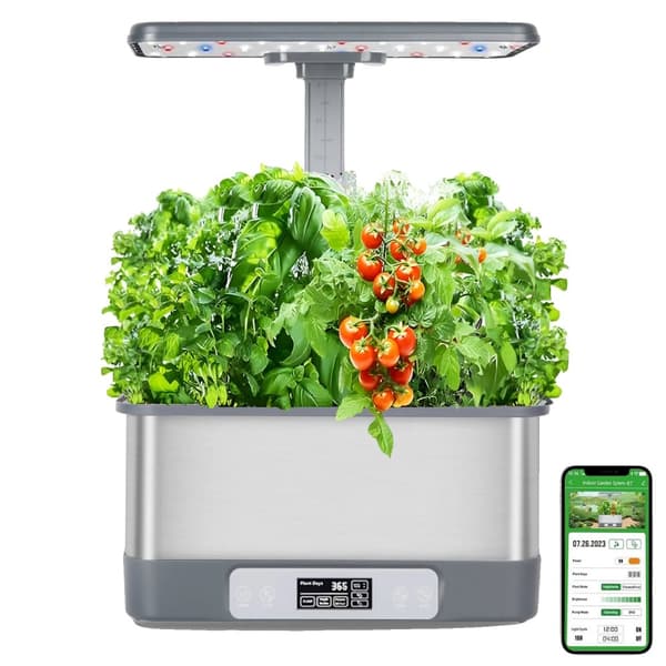 Hydroponiskt odlingssystem, smart APP-kontroll, fullspektrum LED-lampa, automatisk timer och vattensystem,Ljusgrå
