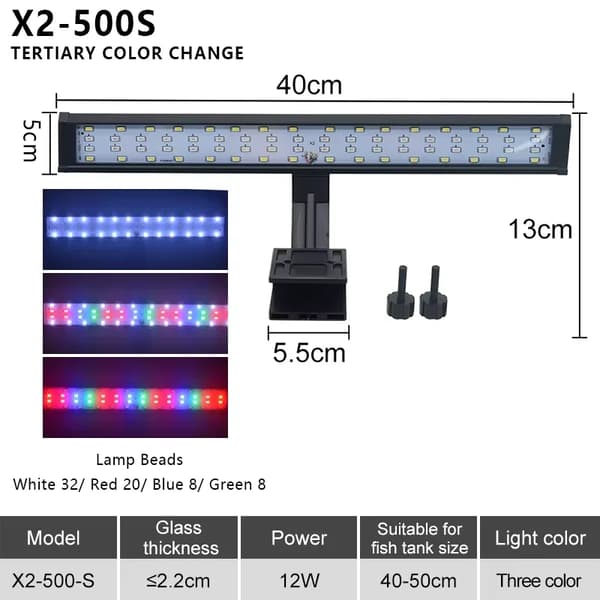 LED Akvarielampa, Ultratunn Design, Klämfäste,500S-12W, EU-kontakt