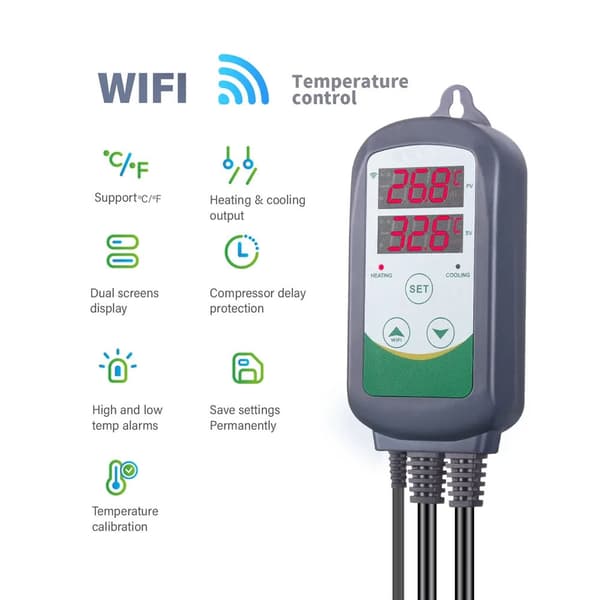 WIFI digital temperaturregulator med APP-kontroll, dubbla displayfönster, dubbel reläutgång, säker och pålitlig, plug and play