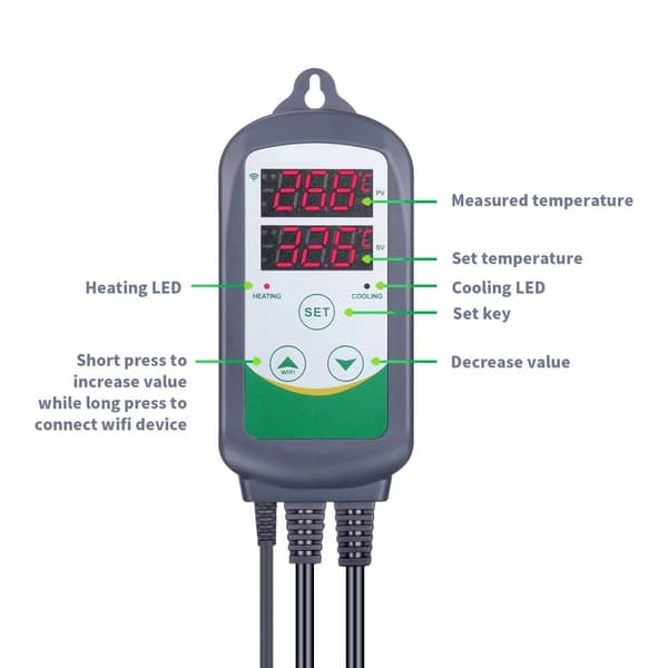 WIFI digital temperaturregulator med APP-kontroll, dubbla displayfönster, dubbel reläutgång, säker och pålitlig, plug and play