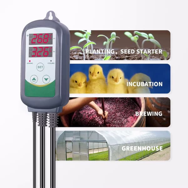 WIFI digital temperaturregulator med APP-kontroll, dubbla displayfönster, dubbel reläutgång, säker och pålitlig, plug and play
