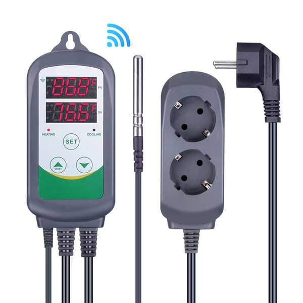WIFI digital temperaturregulator med APP-kontroll, dubbla displayfönster, dubbel reläutgång, säker och pålitlig, plug and play