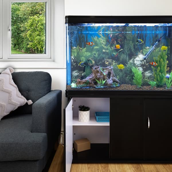300 L Akvarium med Skåp Svart Möbelakvarium Natursand Akvarieskåp Skåpakvarium Akvarier 300W Doppvärmare 1800 L Filter Inbyggd Luftpump LED Belysning