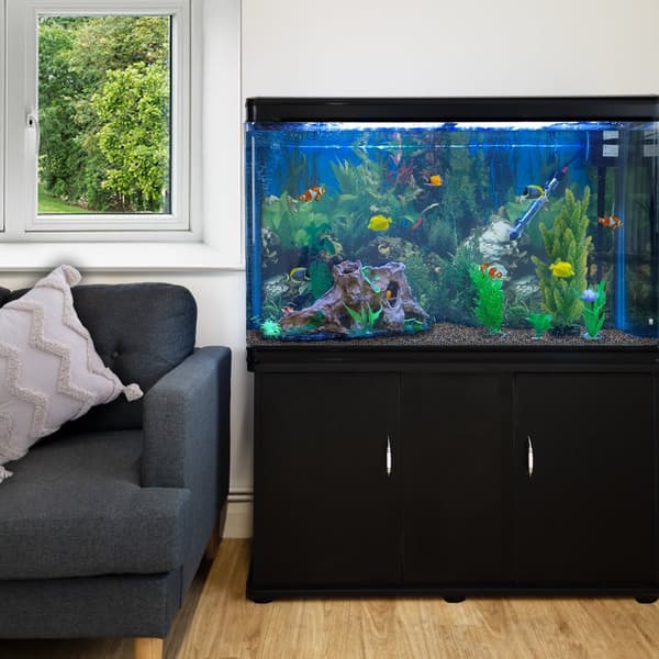300 L Akvarium med Skåp Svart Möbelakvarium Natursand Akvarieskåp Skåpakvarium Akvarier 300W Doppvärmare 1800 L Filter Inbyggd Luftpump LED Belysning