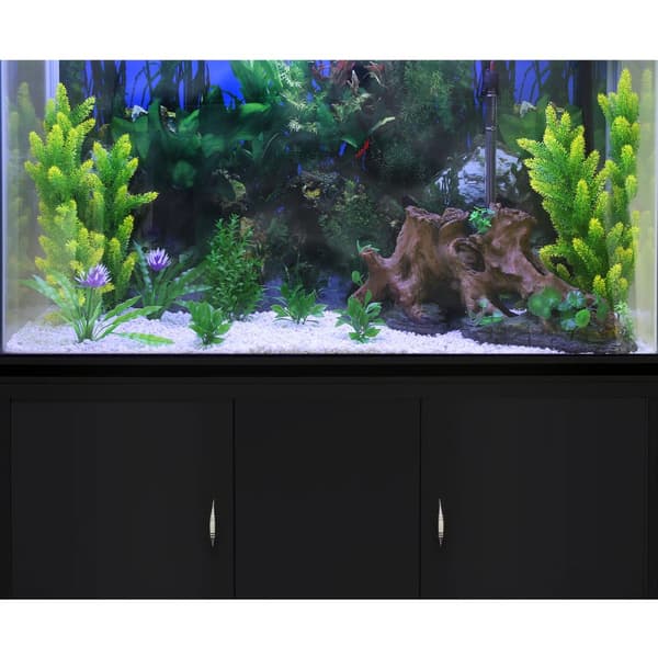 300 L Akvarium med Sort Kabinet, Tilbehør og Hvidt Sand | Akvarieskabe, Sand, Dekorationer, Planter, Dyppevarmer, Filter, Luftpumpe, Belysning