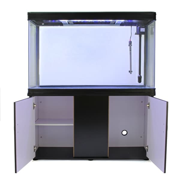 300 L Akvarium med Sort Kabinet, Tilbehør og Hvidt Sand | Akvarieskabe, Sand, Dekorationer, Planter, Dyppevarmer, Filter, Luftpumpe, Belysning
