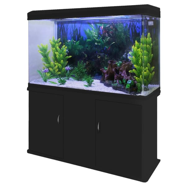 300 L Akvarium med Sort Kabinet, Tilbehør og Hvidt Sand | Akvarieskabe, Sand, Dekorationer, Planter, Dyppevarmer, Filter, Luftpumpe, Belysning
