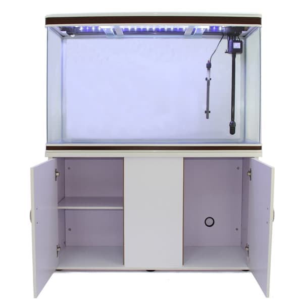 300 L akvarium med Hvidt Kabinet, Tilbehør og Sort Sand | Akvarieskabe, Sand, Dekorationer, Planter, Dyppevarmer, Filter, Luftpumpe, Belysning