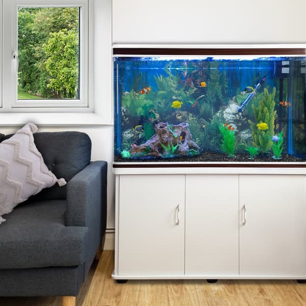 300 L akvarium med Hvidt Kabinet, Tilbehør og Sort Sand | Akvarieskabe, Sand, Dekorationer, Planter, Dyppevarmer, Filter, Luftpumpe, Belysning