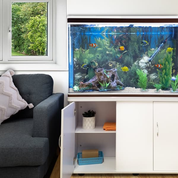 300 L Akvarium med Skåp Vitt Möbelakvarium Vit Sand Akvarieskåp Skåpakvarium Akvarier 300W Doppvärmare 1800 L Filter Inbyggd Luftpump LED Belysning