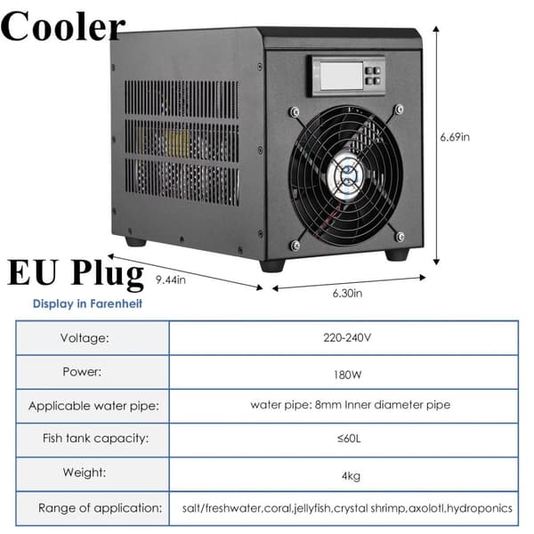 Akvarium Vandkøler, 180W Effekt, Egnet til 60L Tanke, 0-100°C Justerbar Temperatur,EU-stik 220V