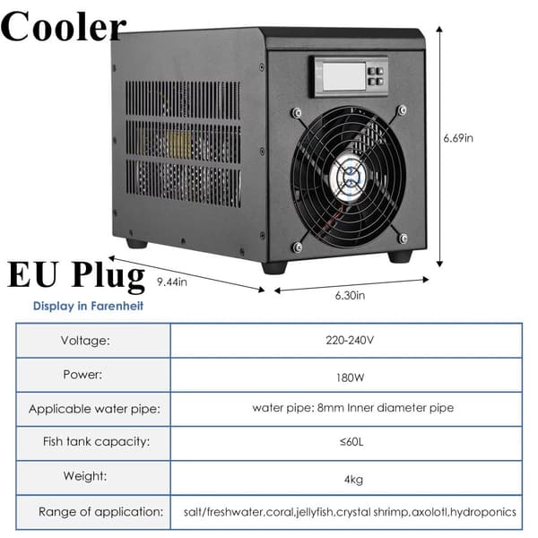 Akvariumvattenkylare, 180W Effekt, Passar för 60L Tankar, 0-100°C Justerbar Temperatur,EU-kontakt 220V
