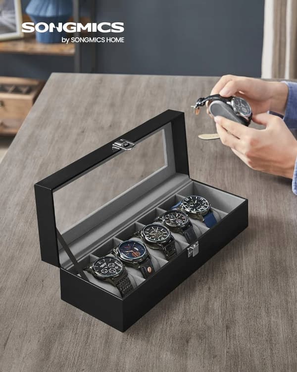 Klockbox med glasskydd Box för 6 klockor Organizer