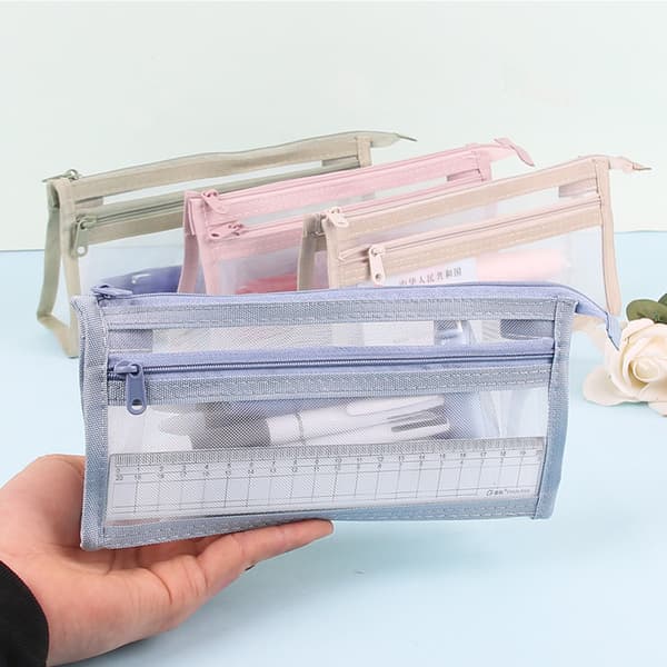 INF Transparent meshpennfodral, kaki - stor kapacitet med dubbla lager