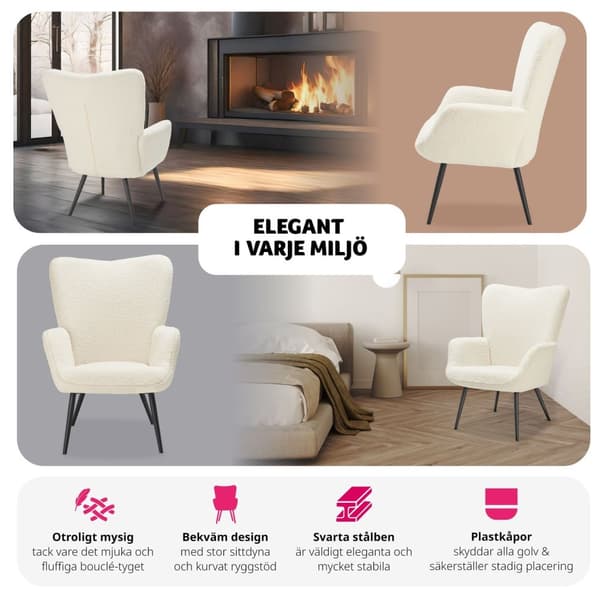 Fåtölj Hygge, ergonomisk, belastningskapacitet 150 kg - Utan pall, Bouclé kräm/svart