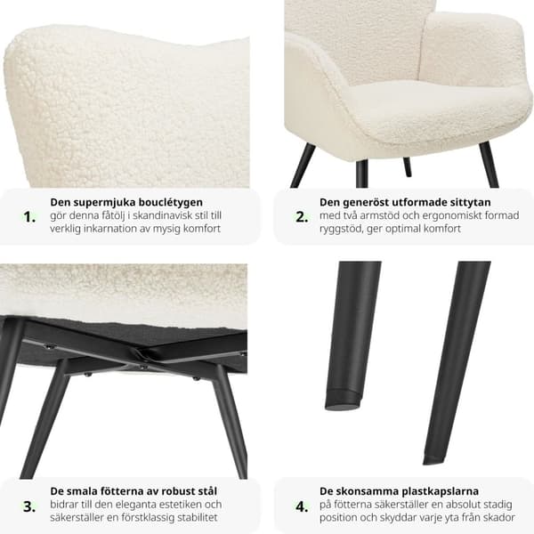Fåtölj Hygge, ergonomisk, belastningskapacitet 150 kg - Utan pall, Bouclé kräm/svart