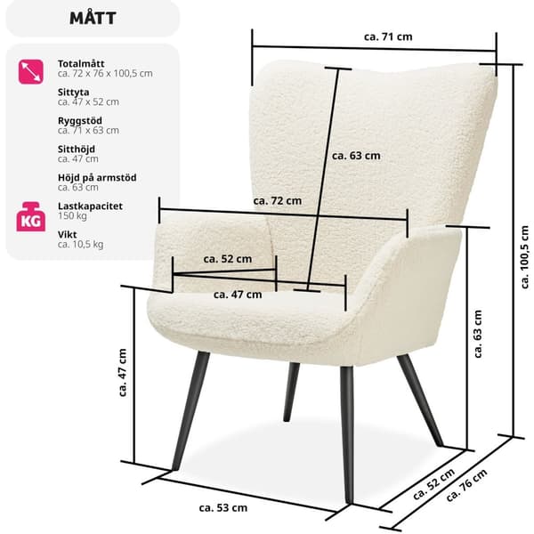Fåtölj Hygge, ergonomisk, belastningskapacitet 150 kg - Utan pall, Bouclé kräm/svart