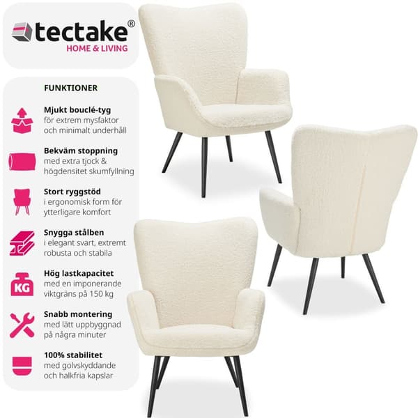Fåtölj Hygge, ergonomisk, belastningskapacitet 150 kg - Utan pall, Bouclé kräm/svart
