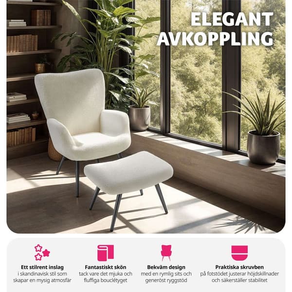 Fåtölj Hygge, ergonomisk, belastningskapacitet 150 kg - Med pall, Bouclé kräm/svart