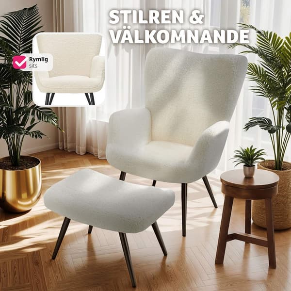 Fåtölj Hygge, ergonomisk, belastningskapacitet 150 kg - Med pall, Bouclé kräm/svart