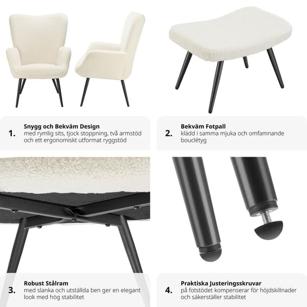 Fåtölj Hygge, ergonomisk, belastningskapacitet 150 kg - Med pall, Bouclé kräm/svart
