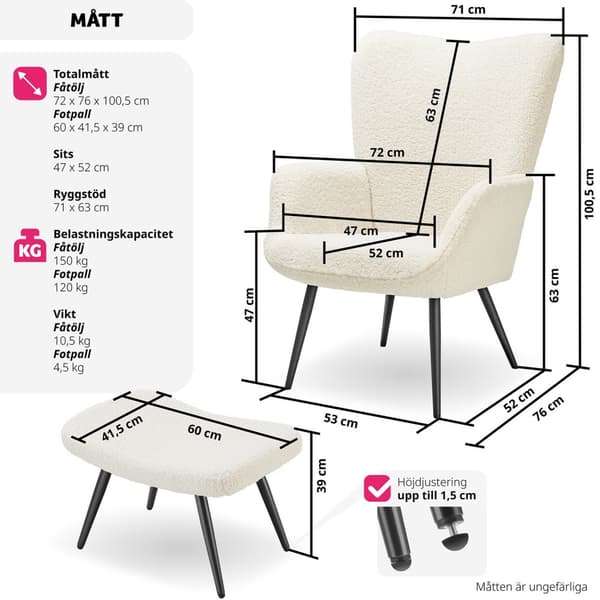 Fåtölj Hygge, ergonomisk, belastningskapacitet 150 kg - Med pall, Bouclé kräm/svart
