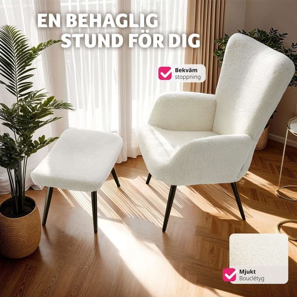Fåtölj Hygge, ergonomisk, belastningskapacitet 150 kg - Med pall, Bouclé kräm/svart