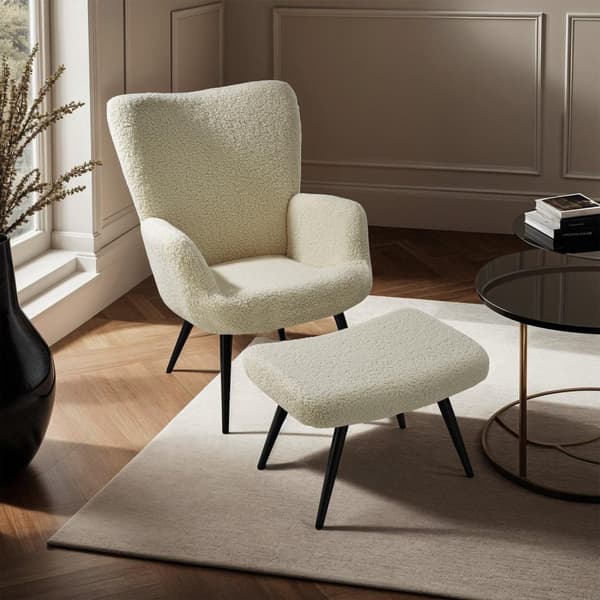 Fåtölj Hygge, ergonomisk, belastningskapacitet 150 kg - Med pall, Bouclé kräm/svart