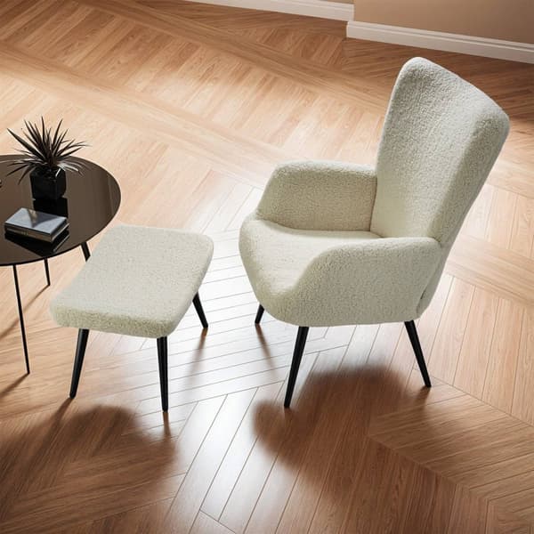 Fåtölj Hygge, ergonomisk, belastningskapacitet 150 kg - Med pall, Bouclé kräm/svart