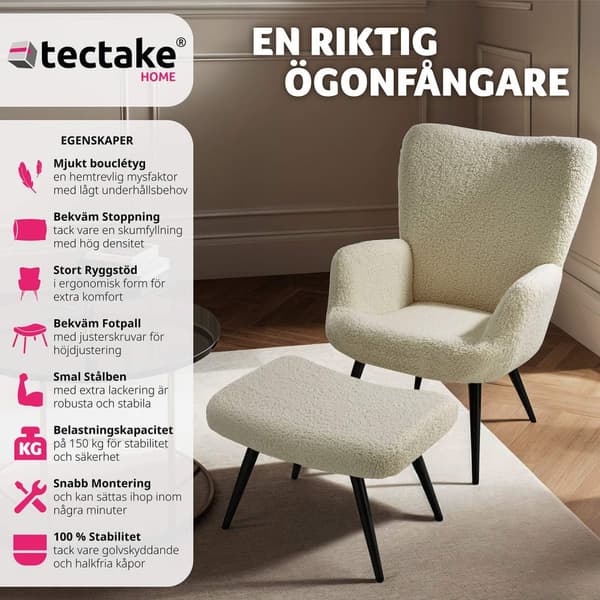 Fåtölj Hygge, ergonomisk, belastningskapacitet 150 kg - Med pall, Bouclé kräm/svart
