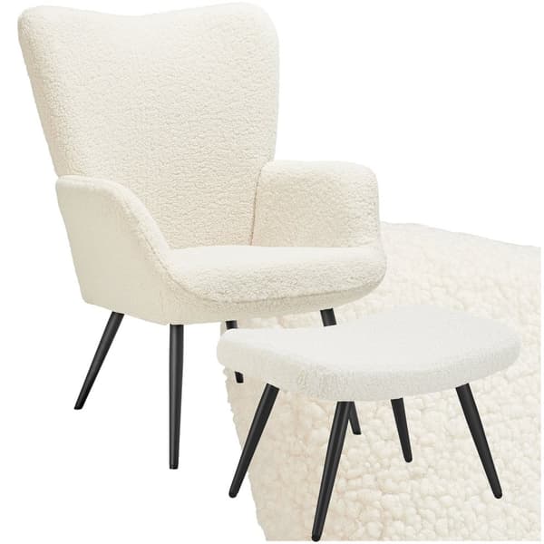 Fåtölj Hygge, ergonomisk, belastningskapacitet 150 kg - Med pall, Bouclé kräm/svart