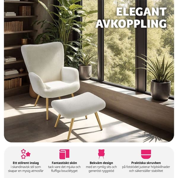 Fåtölj Hygge, ergonomisk, belastningskapacitet 150 kg - Med pall, Bouclé kräm/guld