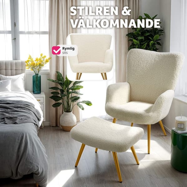 Fåtölj Hygge, ergonomisk, belastningskapacitet 150 kg - Med pall, Bouclé kräm/guld