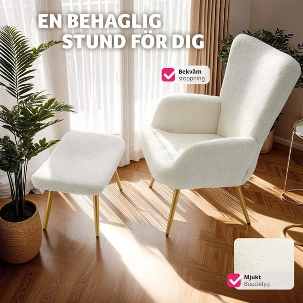Fåtölj Hygge, ergonomisk, belastningskapacitet 150 kg - Med pall, Bouclé kräm/guld