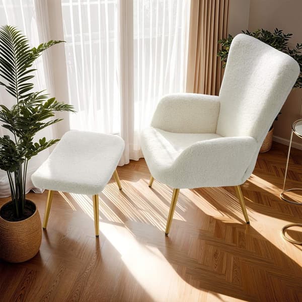 Fåtölj Hygge, ergonomisk, belastningskapacitet 150 kg - Med pall, Bouclé kräm/guld
