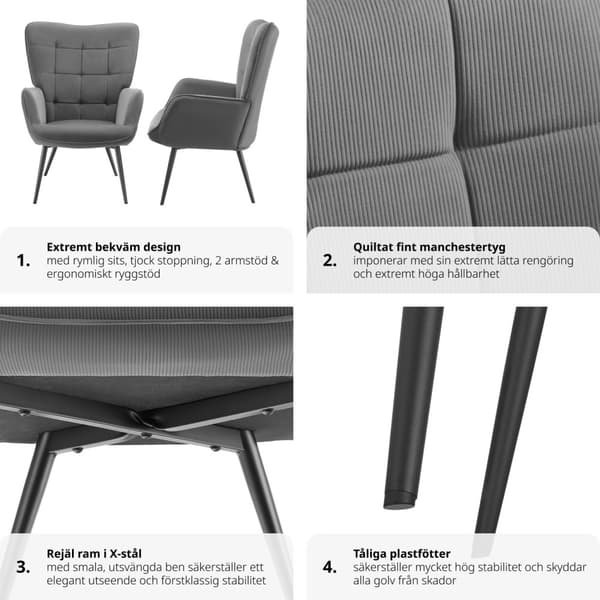 Fåtölj Hygge, ergonomisk, belastningskapacitet 150 kg - Utan pall, Fin manchester antracit/svart