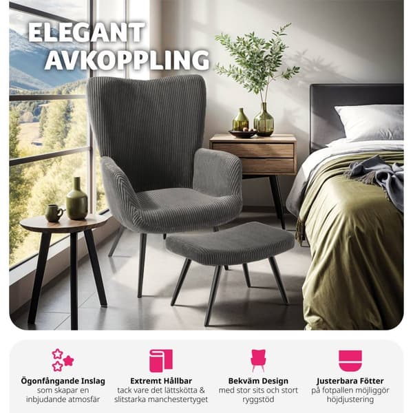 Fåtölj Hygge, ergonomisk, belastningskapacitet 150 kg - Med pall, Bred manchester antracit/svart