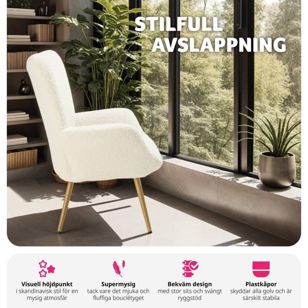 Fåtölj Hygge, ergonomisk, belastningskapacitet 150 kg - Utan pall, Bouclé kräm/guld