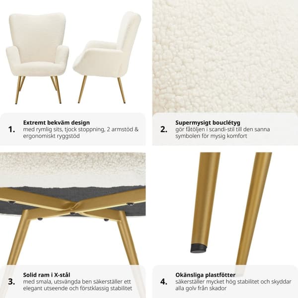 Fåtölj Hygge, ergonomisk, belastningskapacitet 150 kg - Utan pall, Bouclé kräm/guld