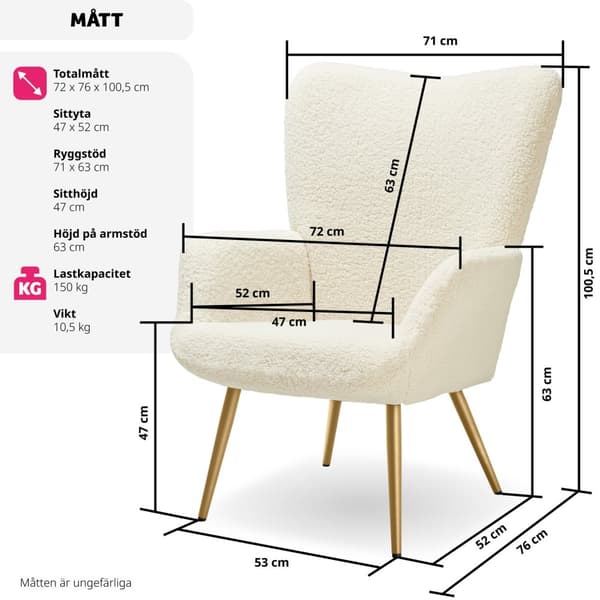 Fåtölj Hygge, ergonomisk, belastningskapacitet 150 kg - Utan pall, Bouclé kräm/guld