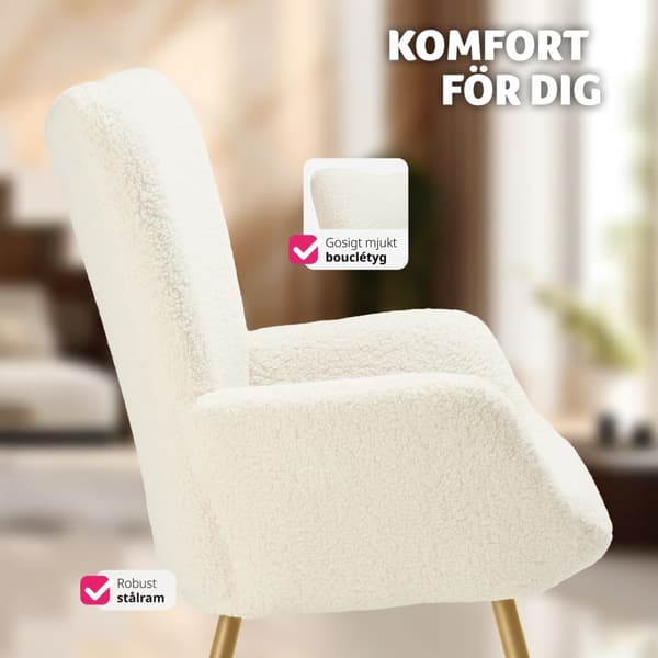 Fåtölj Hygge, ergonomisk, belastningskapacitet 150 kg - Utan pall, Bouclé kräm/guld