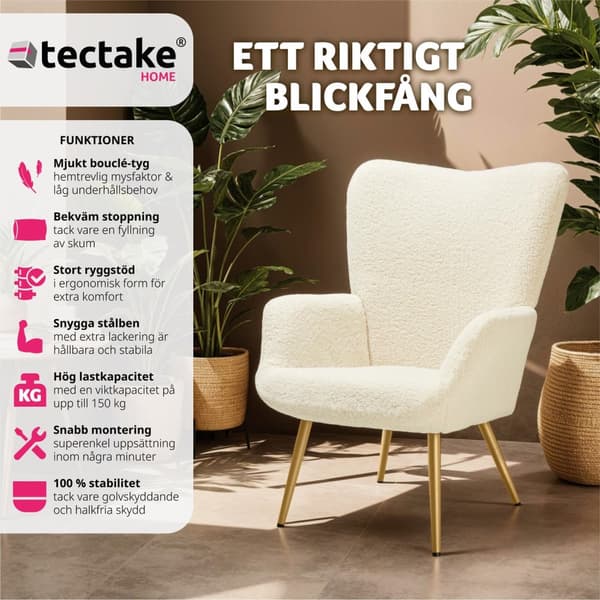 Fåtölj Hygge, ergonomisk, belastningskapacitet 150 kg - Utan pall, Bouclé kräm/guld