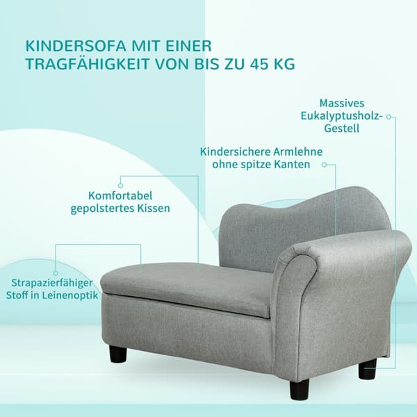 Barnsoffa med Förvaring, 80x40x49 cm, Ljusgrå