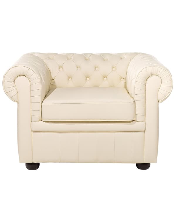 Fåtölj Chesterfield Krämvit Läder Tuftad Mörka Träben Modern Traditionell Vardagsrum